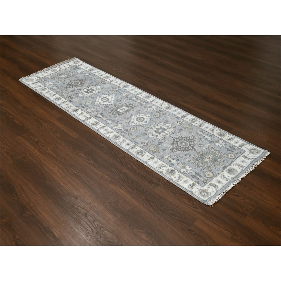 Medium Gray, Karajeh Design, 100% Wool, Hand Knotted, Runner Rug - 2