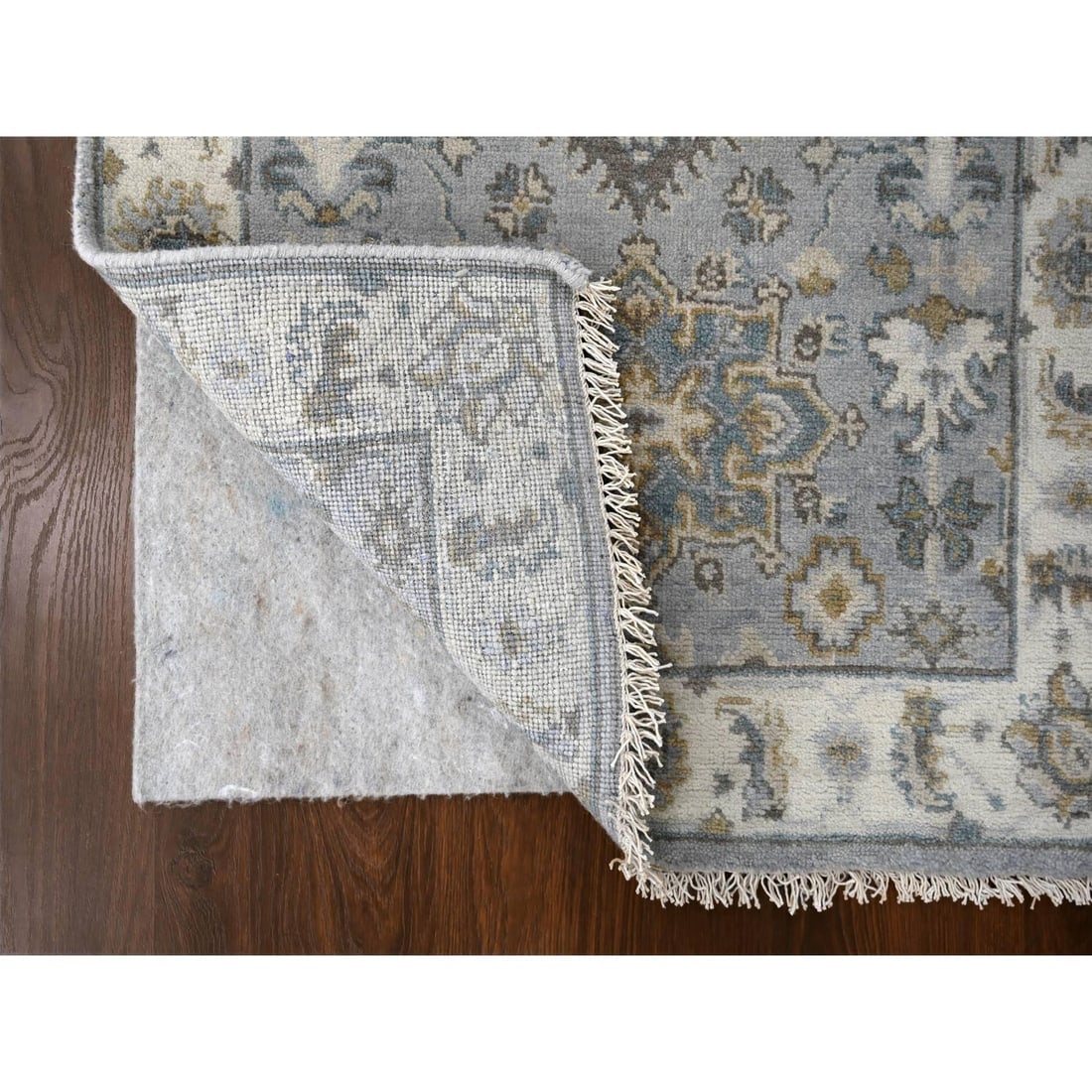 Medium Gray, Karajeh Design, 100% Wool, Hand Knotted, Runner Rug - 3