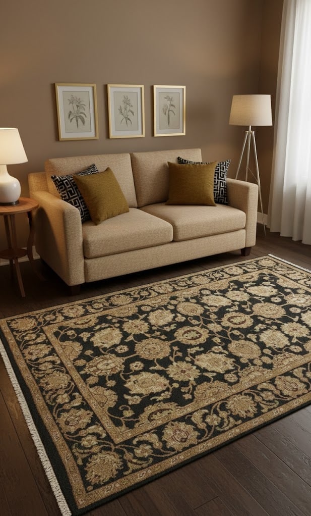 Black Floral Classic 4X6 Indo-Kashan Oriental Rug - 2