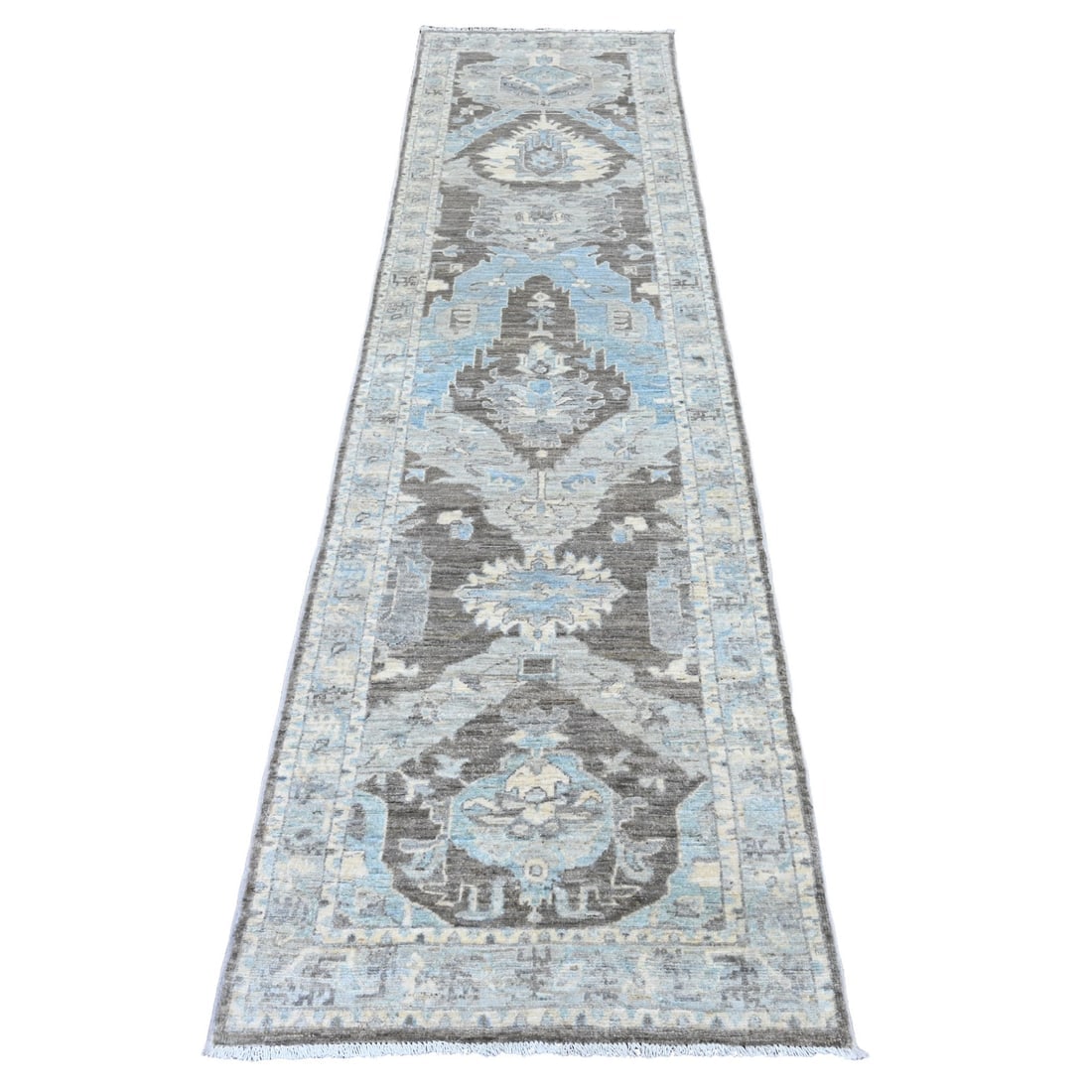 Ash Gray Ziegler Mahal Dragon Design Hand Knotted Pure Wool Runner Rug: Title: Ash Gray Ziegler Mahal Dragon Design Hand Knotted Pure Wool Runner RugDescription:This is a truly genuine one-of-a-kind. It has been Knotted for months and months in the centuries-old weaving