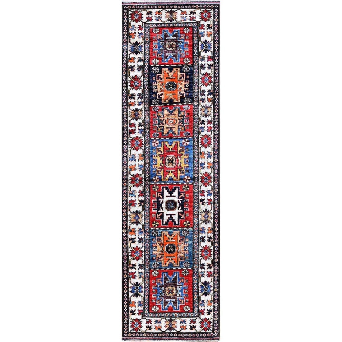 Colorful Caucasian Design Revival Soft Wool Hand Knotted Runner Rug: Title: Colorful Caucasian Design Revival Soft Wool Hand Knotted Runner Rug Description:This is a truly genuine one-of-a-kind. It has been Knotted for months and months in the centuries-old weaving cra