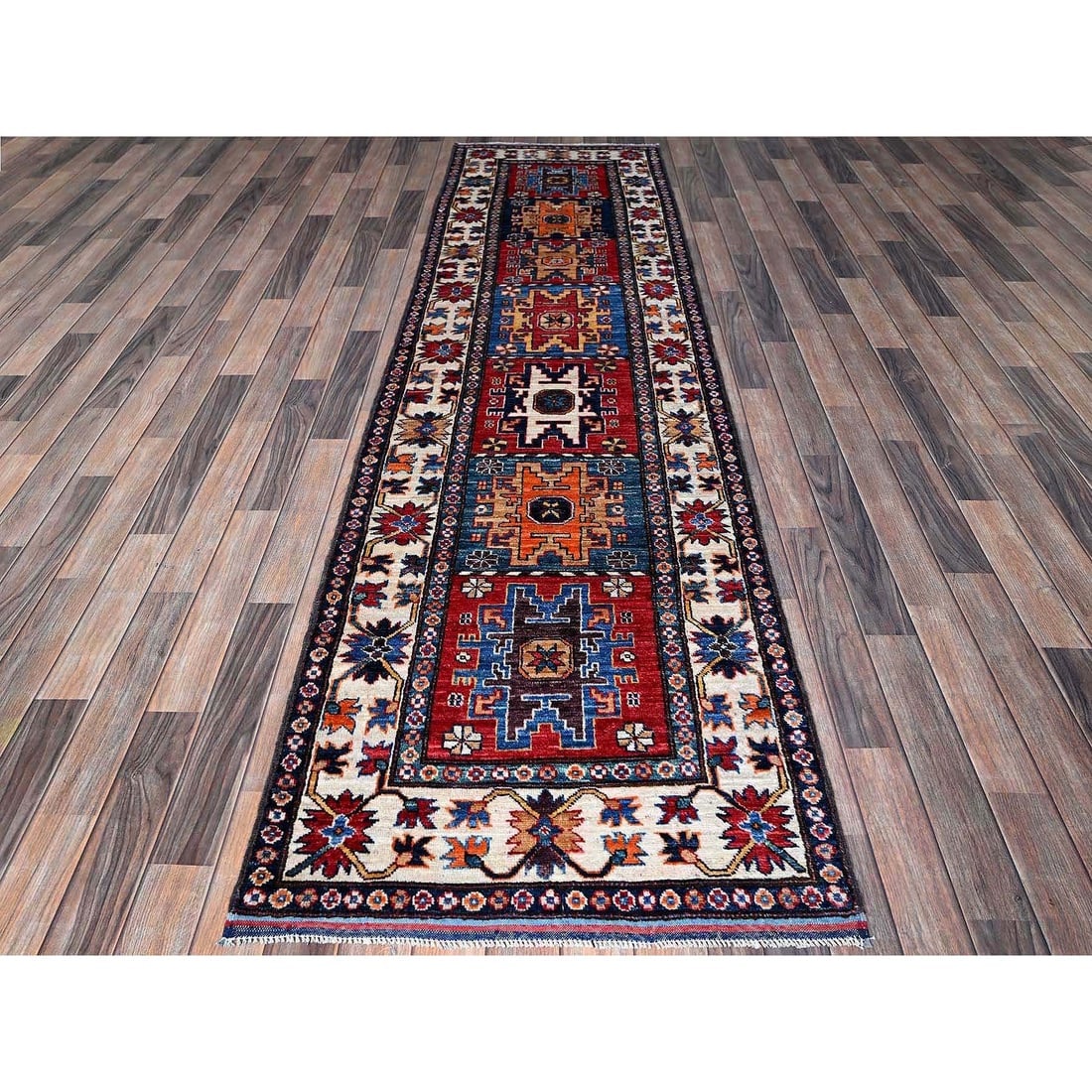 Colorful Caucasian Design Revival Soft Wool Hand Knotted Runner Rug - 2