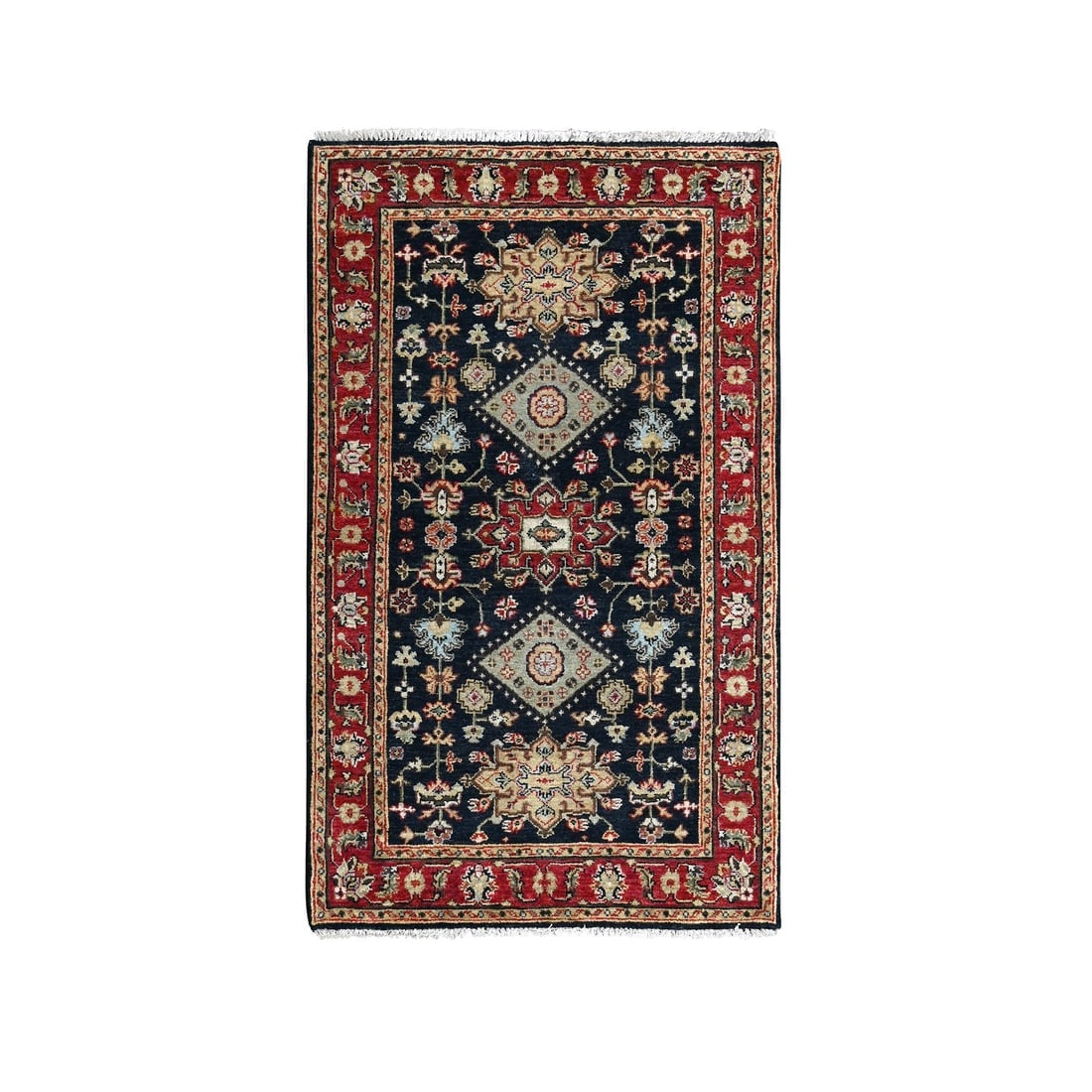 Denim Black, Karajeh Design, Pure Wool Hand Knotted Oriental Rug: Title: Denim Black, Karajeh Design, Pure Wool Hand Knotted Oriental Rug Description:This is a truly genuine one-of-a-kind. It has been Knotted for months and months in the centuries-old weaving crafts
