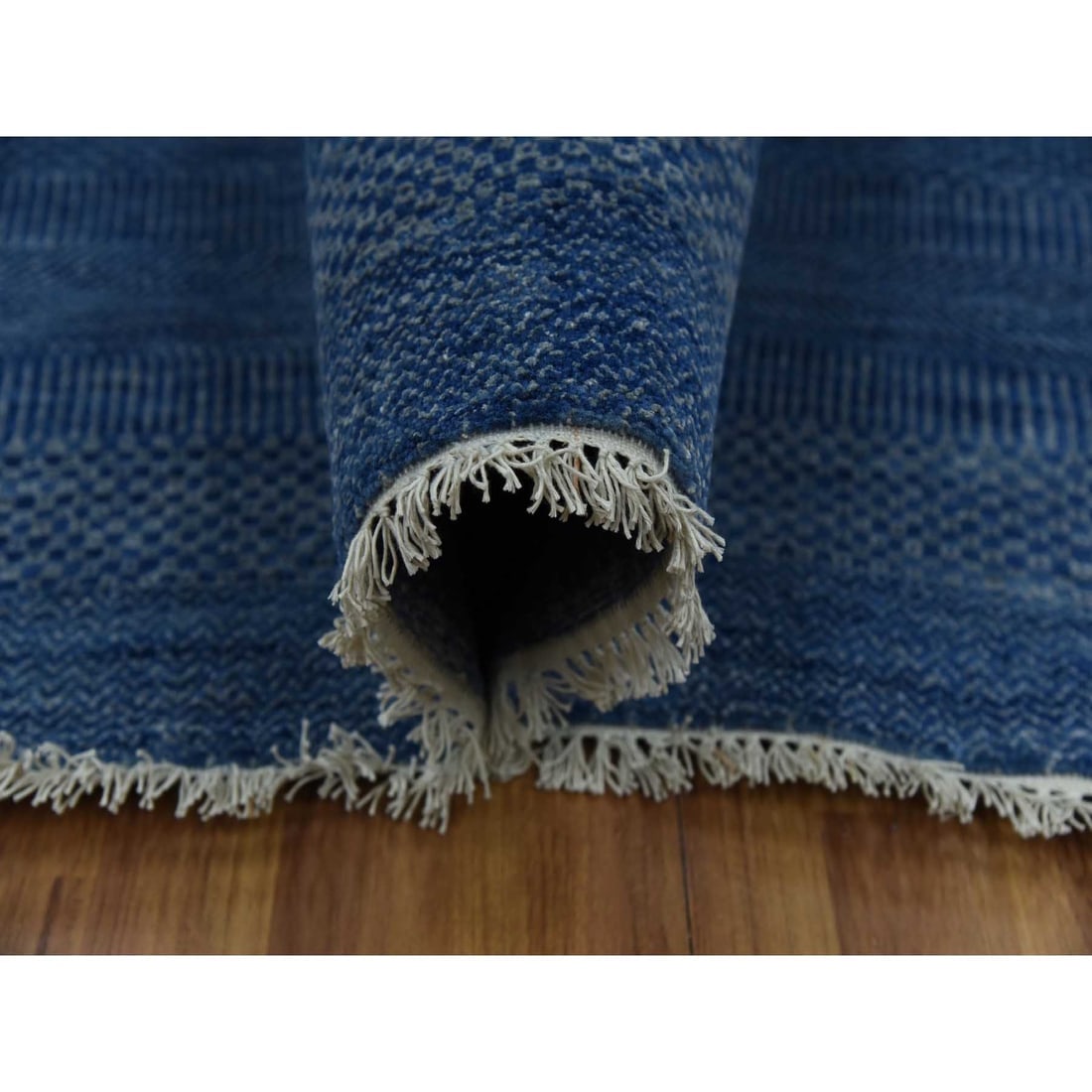 Dark Sapphire, Hand Knotted Grass Design, Wool and Silk Oversized Rug - 5