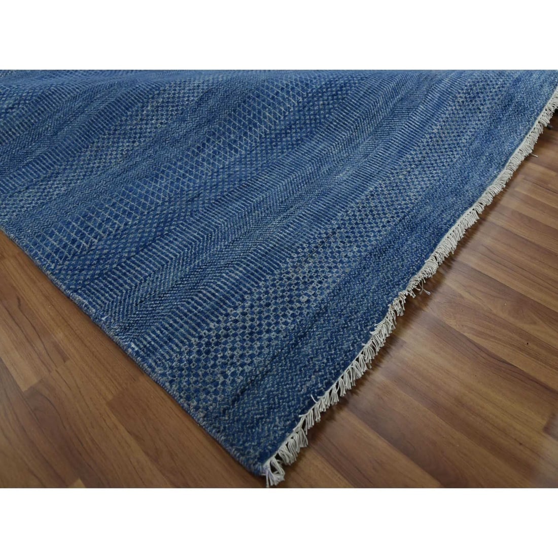 Dark Sapphire, Hand Knotted Grass Design, Wool and Silk Oversized Rug - 6