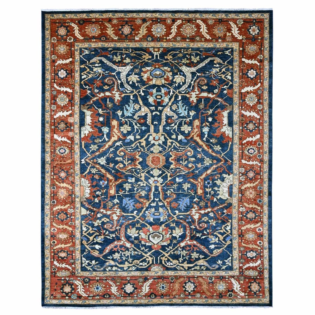 Blue Peshawar with Heriz All Over Design Pure Wool Hand Knotted Rug: Title: Blue Peshawar with Heriz All Over Design Pure Wool Hand Knotted Rug Description:This is a truly genuine one-of-a-kind. It has been Knotted for months and months in the centuries-old weaving cra