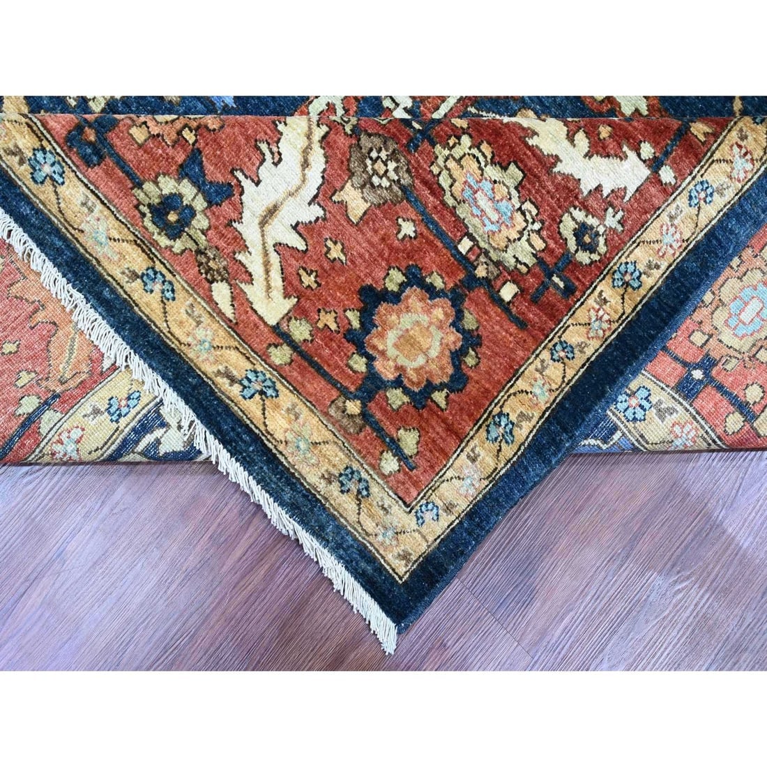 Blue Peshawar with Heriz All Over Design Pure Wool Hand Knotted Rug - 6