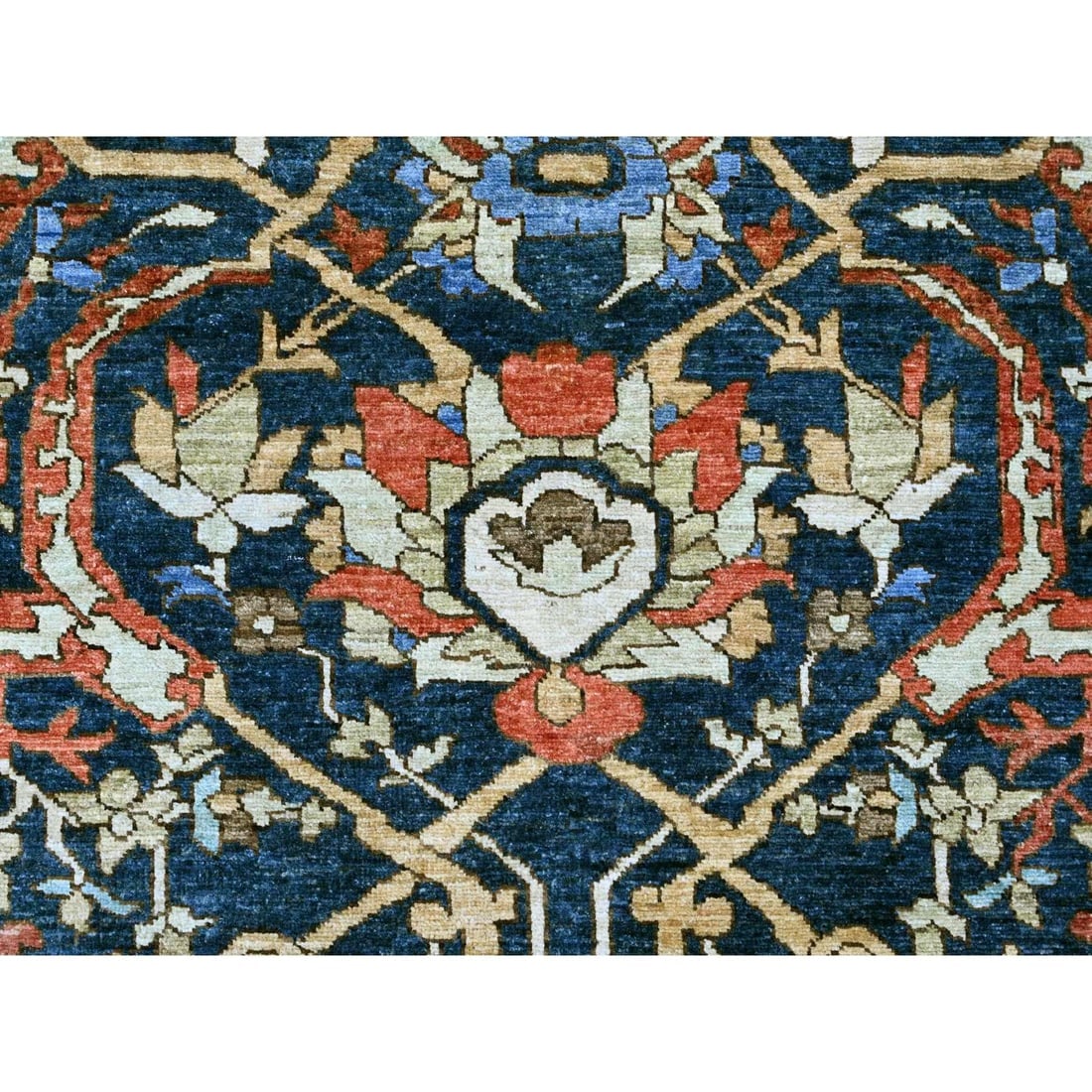 Blue Peshawar with Heriz All Over Design Pure Wool Hand Knotted Rug - 8