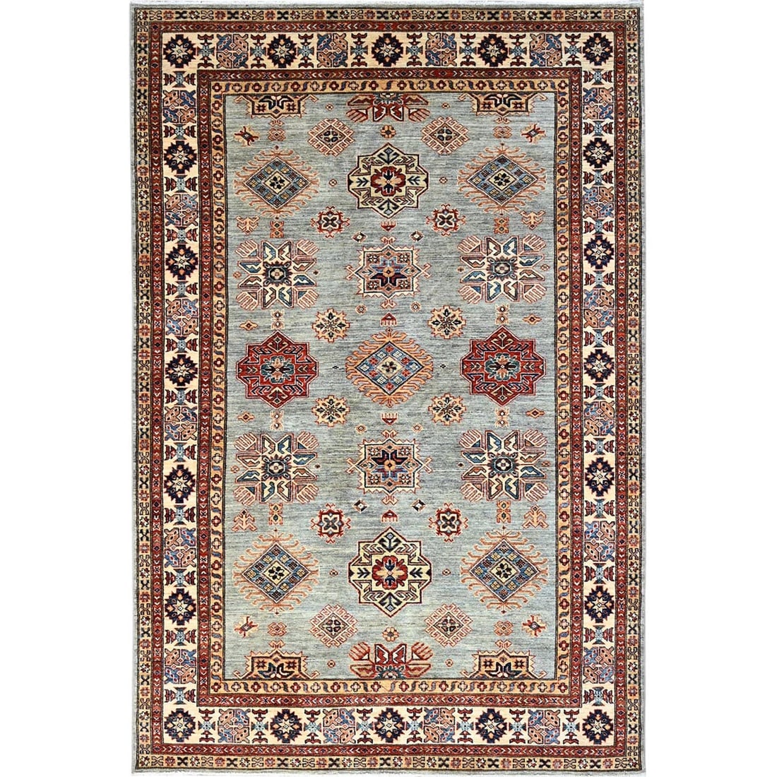 Gray Wool Super Kazak Hand Knotted Tribal Medallions Oriental Rug: Title: Gray Wool Super Kazak Hand Knotted Tribal Medallions Oriental RugDescription:This is a truly genuine one-of-a-kind. It has been Knotted for months and months in the centuries-old weaving