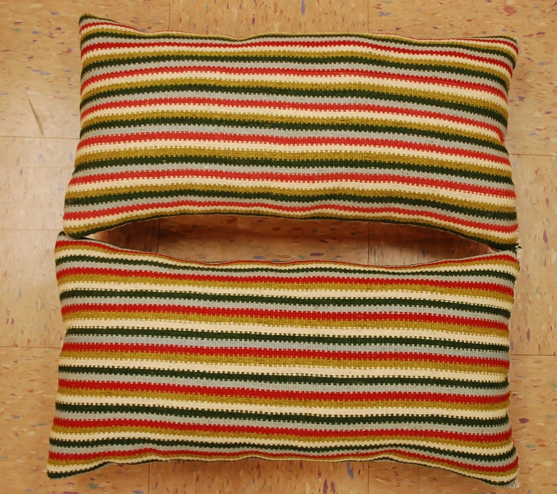 TWO Hand-Made Pillow Cushion Rug 1'6" x 1' 8": Title: TWO Hand-Made Pillow Cushion Rug 1'6" x 1' 8"Description:TWO detailed design hand made pillows with exact size of 1'2" x 2' the pillow is filled with poly-fil premium polyester