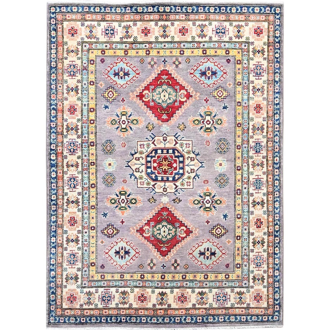 Dove Gray Natural Wool Kazak Tribal Motifs Hand Knotted Oriental Rug: Title: Dove Gray Natural Wool Kazak Tribal Motifs Hand Knotted Oriental RugDescription:This is a truly genuine one-of-a-kind. It has been Knotted for months and months in the centuries-old weaving