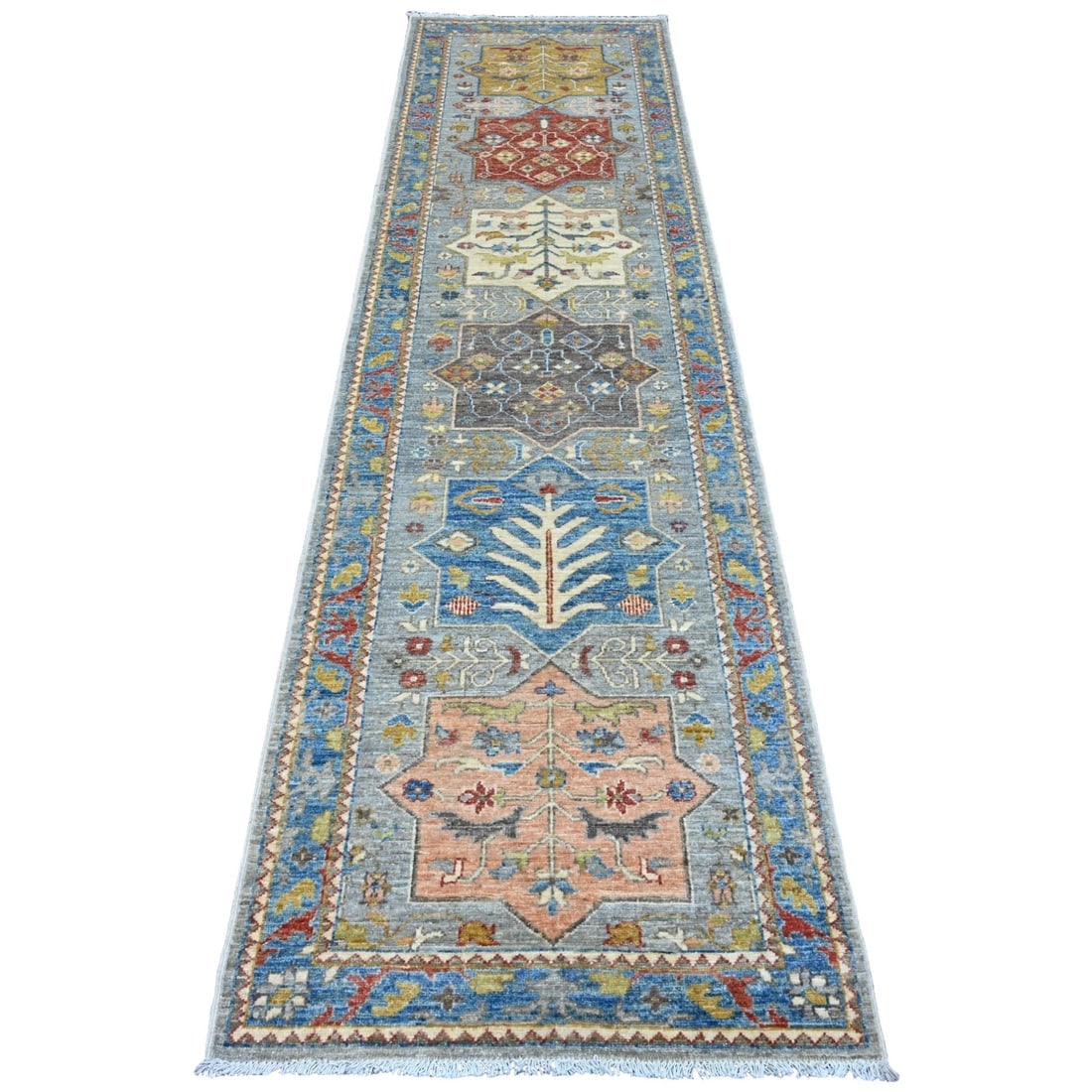 Gray Peshawar Caucasian Akstafa Design Hand Knotted Wool Runner Rug: Title: Gray Peshawar Caucasian Akstafa Design Hand Knotted Wool Runner Rug Description:This is a truly genuine one-of-a-kind. It has been Knotted for months and months in the centuries-old weaving cra