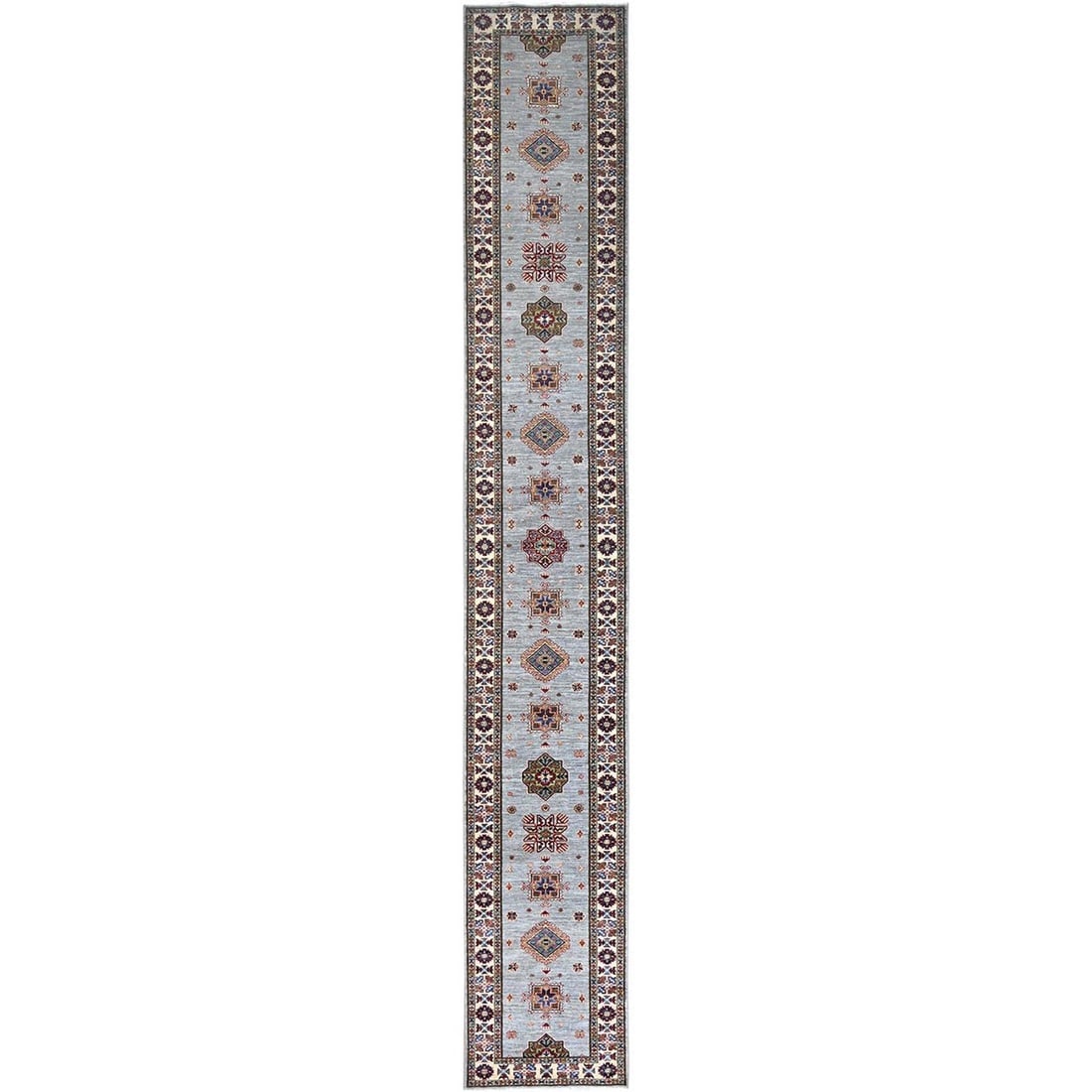 Jubilee Gray Wool Afghan Geometric Super Kazak XL Runner Oriental Rug: Title: Jubilee Gray Wool Afghan Geometric Super Kazak XL Runner Oriental RugDescription:This is a truly genuine one-of-a-kind. It has been Knotted for months and months in the centuries-old weaving