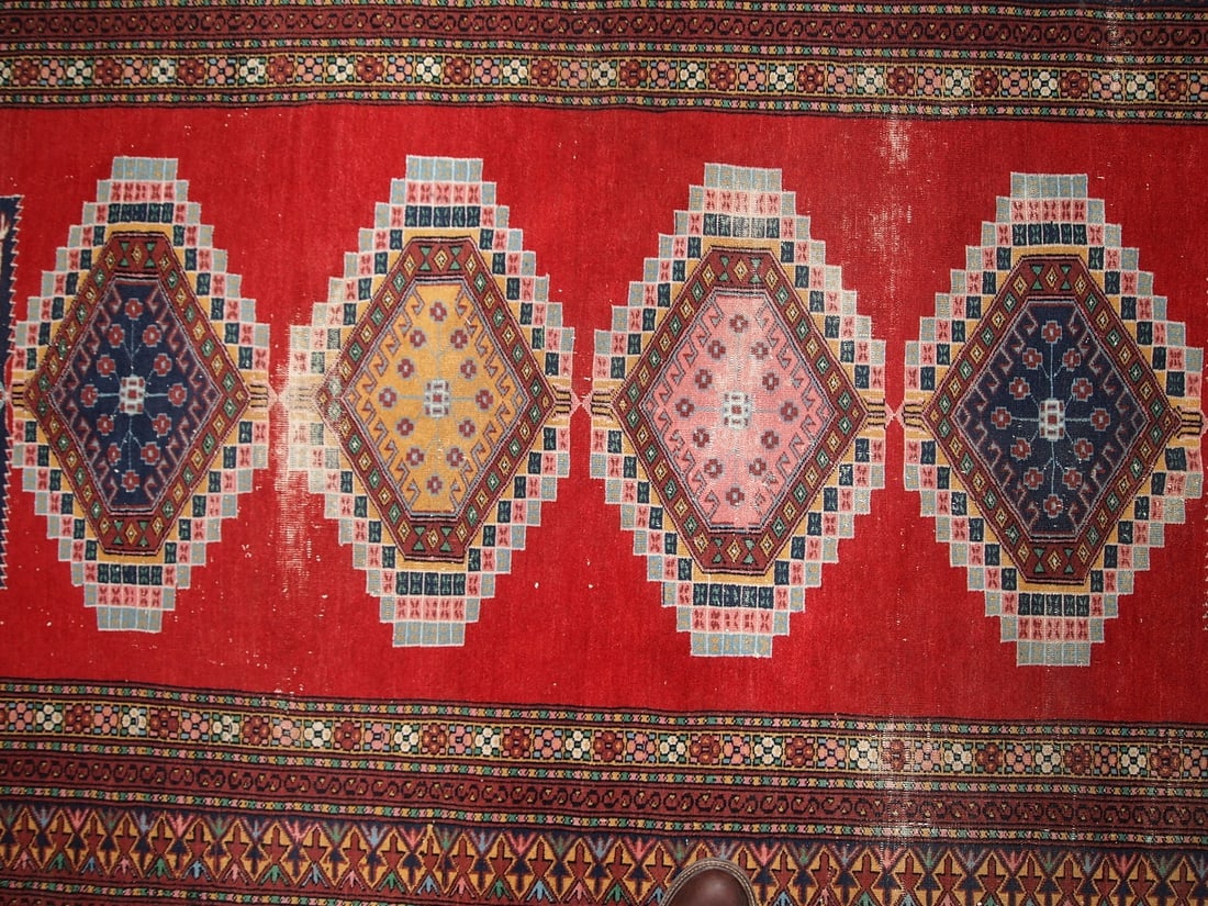 Handmade vintage distressed Uzbek Bukhara rug 4.2' x 6.5' (128cm x 199cm) 1960s - 8