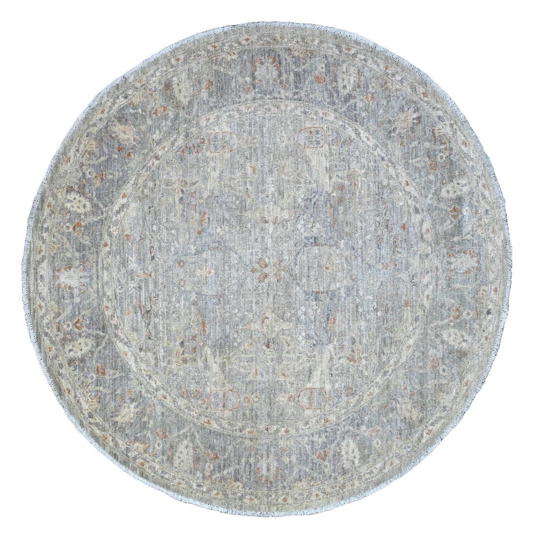 Gray Peshawar Ziegler Mahal Design Hand Knotted Pure Wool Round Rug: Title: Gray Peshawar Ziegler Mahal Design Hand Knotted Pure Wool Round Rug Description:This is a truly genuine one-of-a-kind. It has been Knotted for months and months in the centuries-old weaving cra