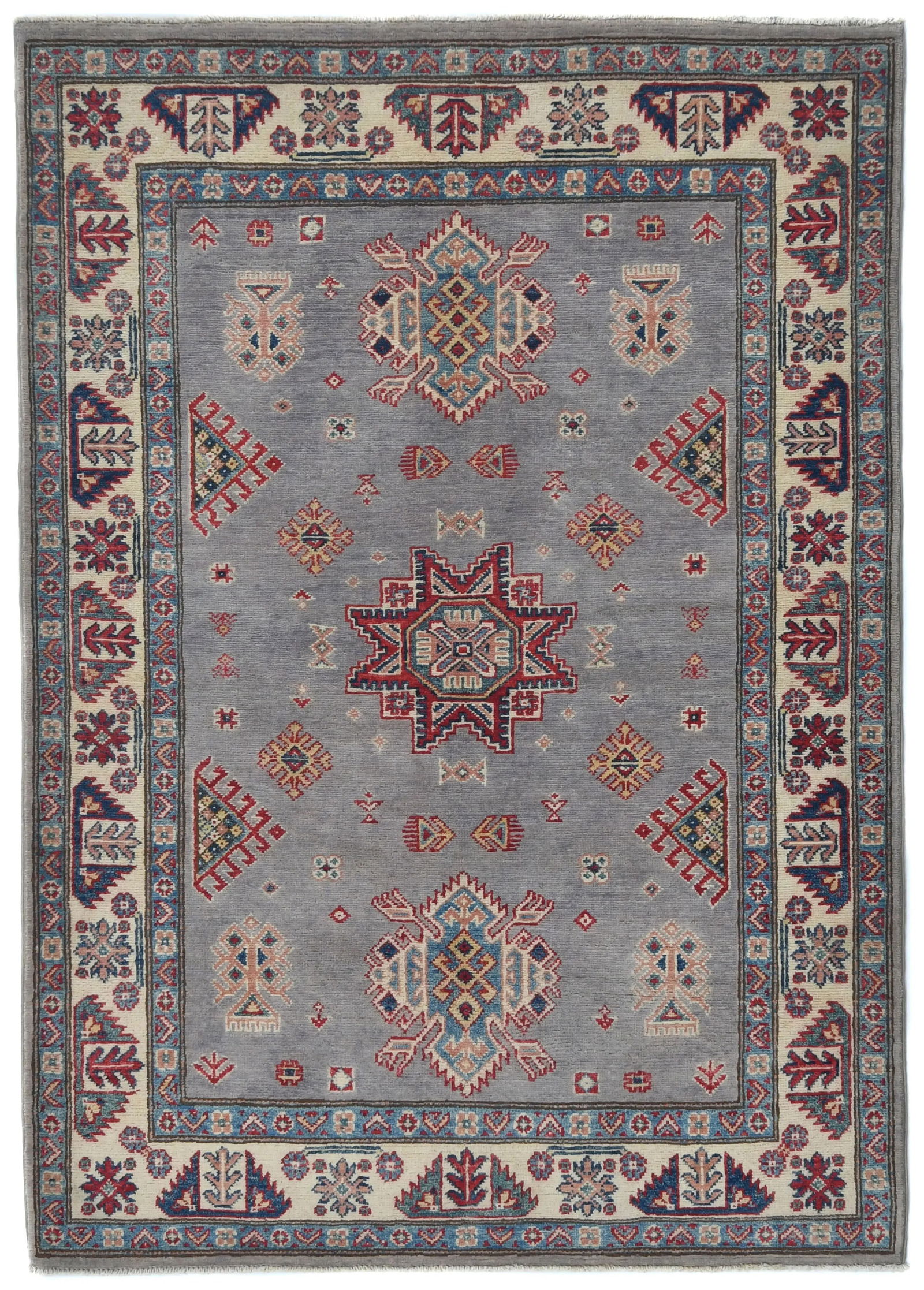 Light Gray Geometric Modern 4X6 Kazak Pakistan Rug: Title: Light Gray Geometric Modern 4X6 Kazak Pakistan RugDescription:Hand Knotted 4X6 light gray Oriental rug made with vegetable dyes (fine wool pile and cotton foundation), exceptional knot count,