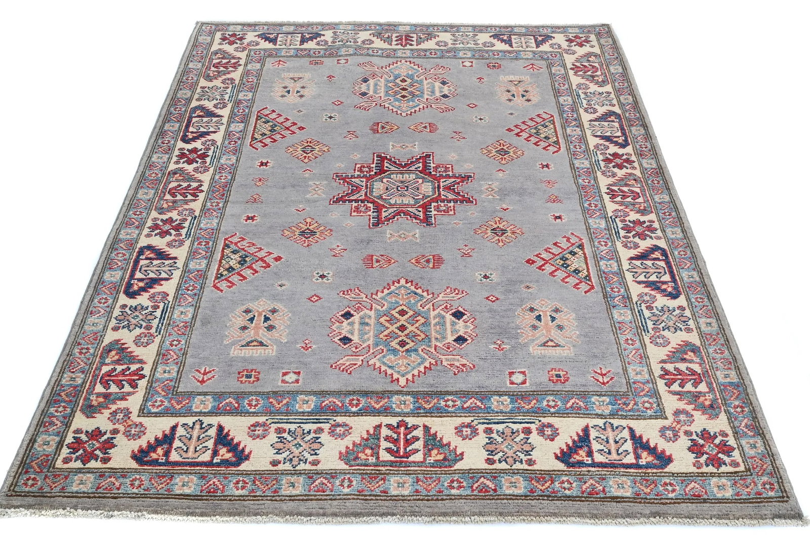 Light Gray Geometric Modern 4X6 Kazak Pakistan Rug - 3