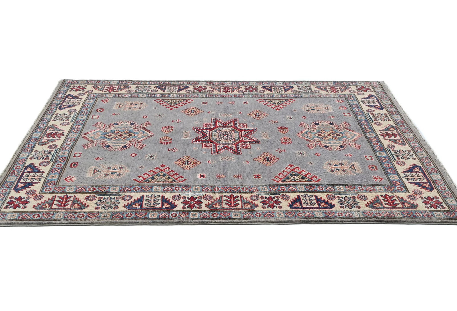 Light Gray Geometric Modern 4X6 Kazak Pakistan Rug - 4