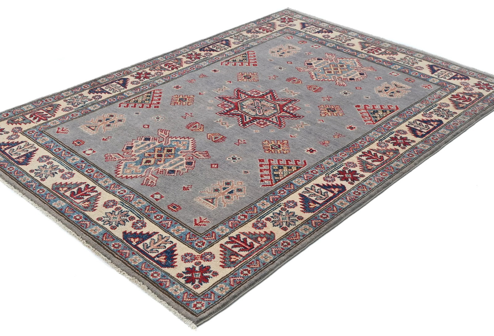 Light Gray Geometric Modern 4X6 Kazak Pakistan Rug - 5