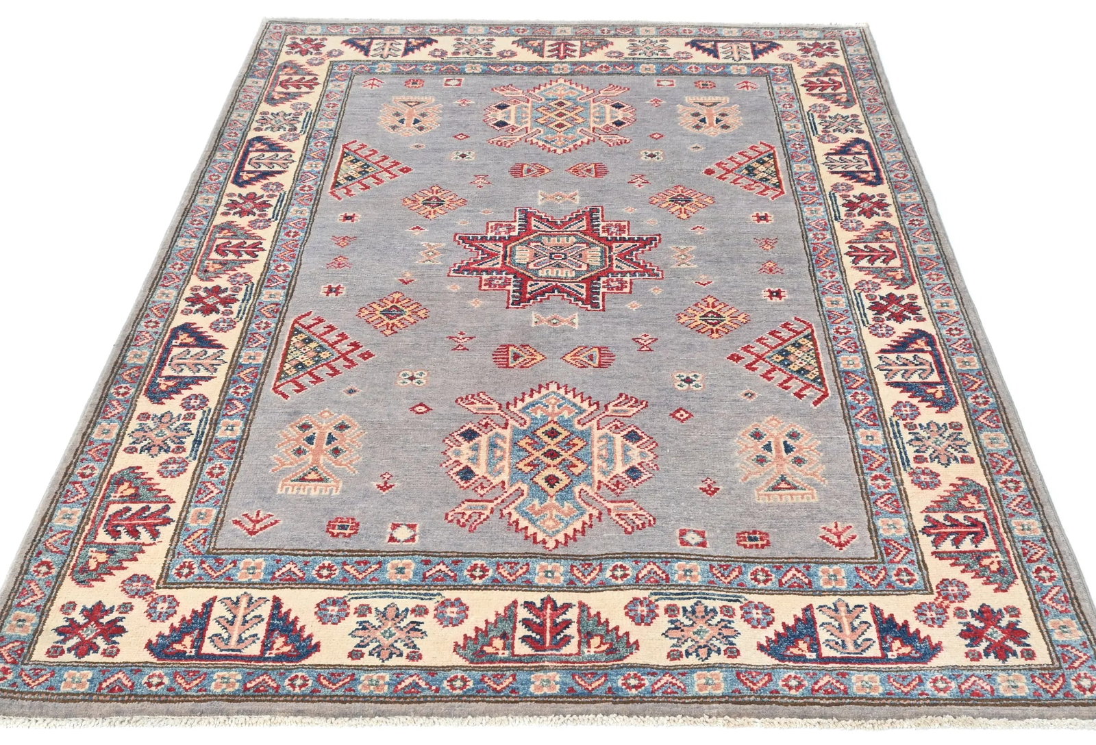 Light Gray Geometric Modern 4X6 Kazak Pakistan Rug - 6