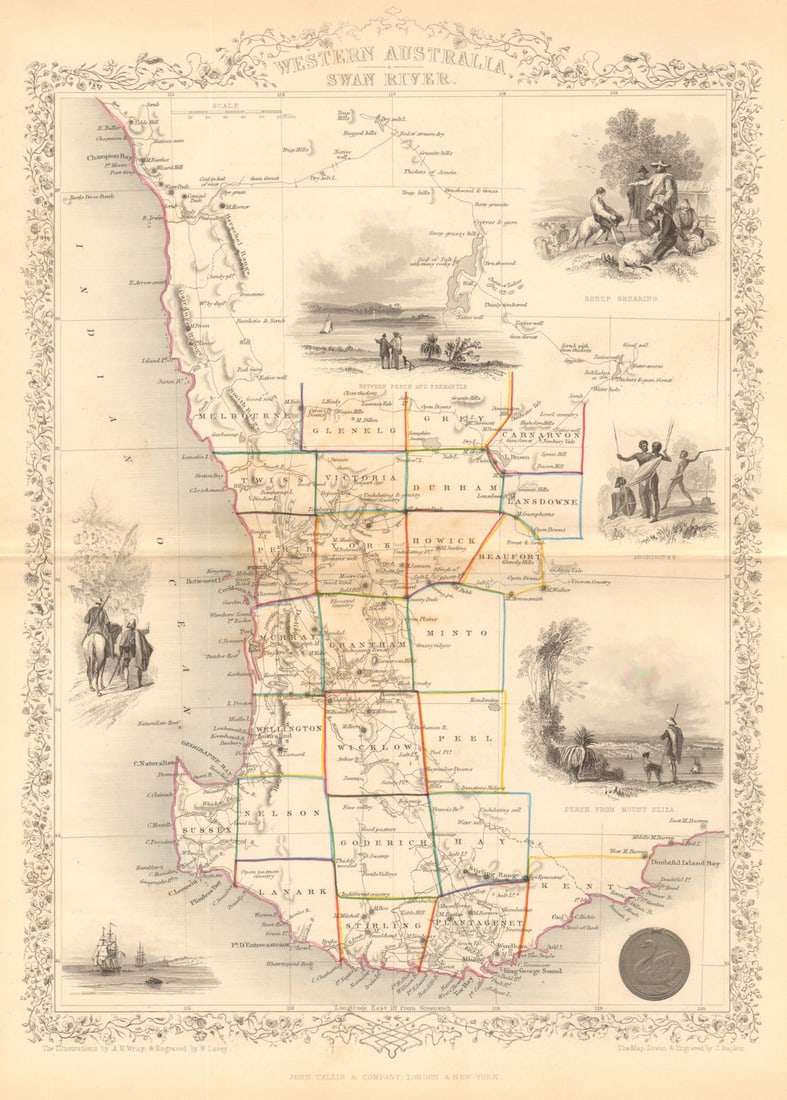 WESTERN AUSTRALIA, SWAN RIVER. Perth vignette. Counties.TALLIS/RAPKIN 1849 map: Title: WESTERN AUSTRALIA, SWAN RIVER. Perth vignette. Counties.TALLIS/RAPKIN 1849 map Description: Western Australia, Swan River'. Vignettes: Sheep shearing; Aboriginals; Perth, from Mount Eliza. Coun