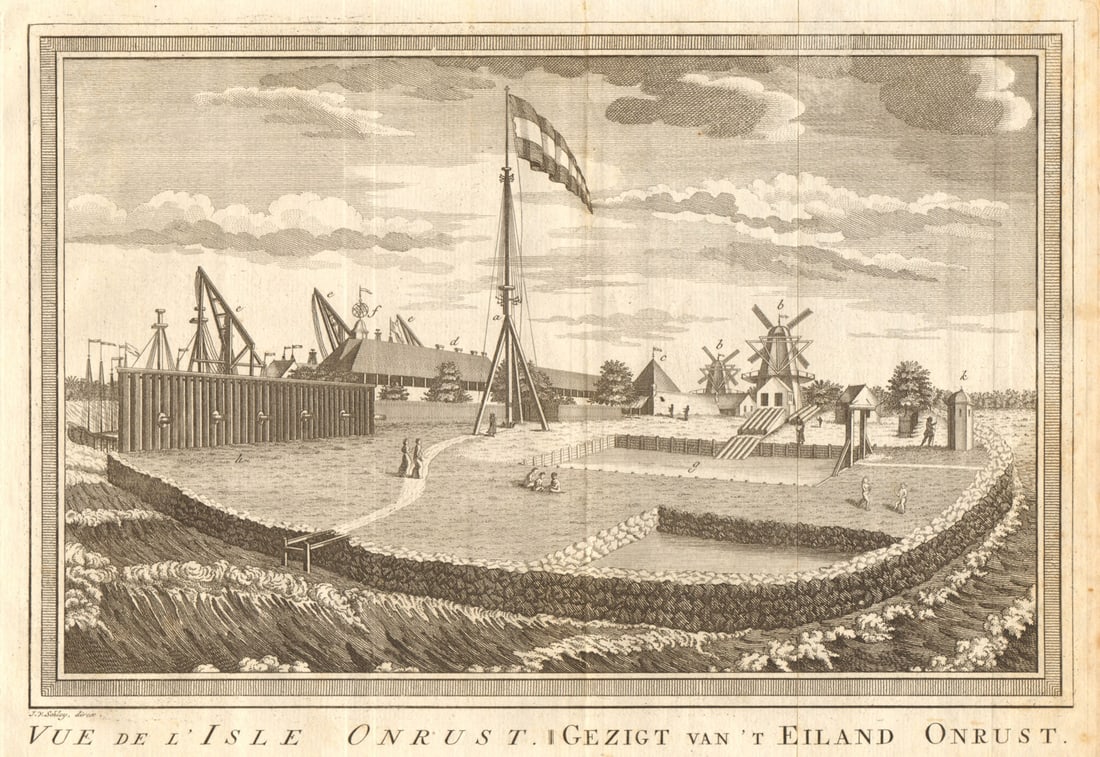 View of Onrust Island. Pulau Onrust (Kapal island), Jakarta. SCHLEY 1763 print: Title: View of Onrust Island. Pulau Onrust (Kapal island), Jakarta. SCHLEY 1763 print Description: Vue de I'Isle Onrust [View of Onrust Island]. Pulau Onrust (Kapal island), Jakarta by Schley, Jakob v