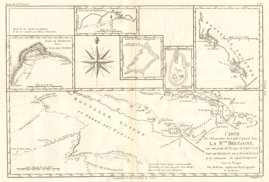 Nouvelle Bretagne. Carteret's discoveries New Britain New Guinea. BONNE 1790 map: Title: Nouvelle Bretagne. Carteret's discoveries New Britain New Guinea. BONNE 1790 map Description: [Voyage du Capitaine Carteret] Carte des Découvertes du Capitaine Carteret, dans la Nouvelle B