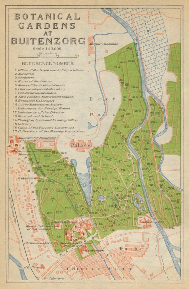 Bogor, West Java. "Botanical Gardens at Buitenzorg". Indonesia 1920 old map: Title: Bogor, West Java. "Botanical Gardens at Buitenzorg". Indonesia 1920 old map Description: Botanical Gardens at Buitenzorg'. Imperial Japanese Government Railways. Published 1920. Antique colour