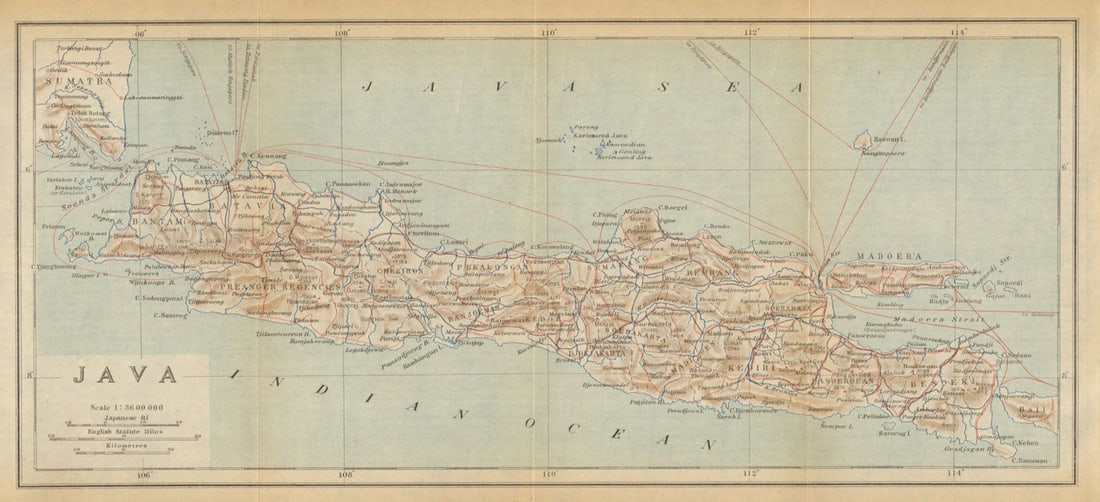 The island of Java. Dutch East Indies. Indonesia 1920 old antique map chart: Title: The island of Java. Dutch East Indies. Indonesia 1920 old antique map chart Description: Java'. Imperial Japanese Government Railways. Published 1920. Antique colour map. Size 15 x 33 cm | 6.0