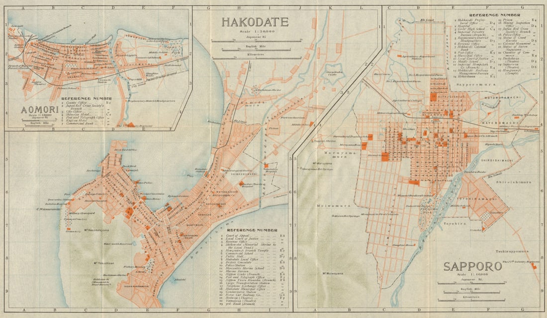 Aomori, Hakodate & Sapporo antique city plans. Honshu/Hokkaido. Japan 1914 map: Title: Aomori, Hakodate & Sapporo antique city plans. Honshu/Hokkaido. Japan 1914 map Description: Aomori, Hakodate and Sapporo'. Imperial Japanese Government Railways. Published 1914. Antique colour