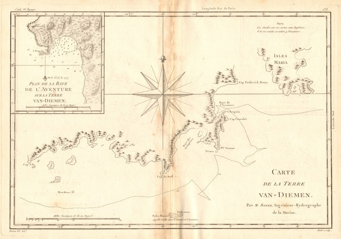 Carte de la Terre Van Diemen. Tasmania. Adventure Bay. Australia. BONNE 1788 map: Title: Carte de la Terre Van Diemen. Tasmania. Adventure Bay. Australia. BONNE 1788 map Description: [Cook 3e Voyage] Carte de la Terre Van Diemen // Plan de la Baye de l’Aventure, sur la Terre