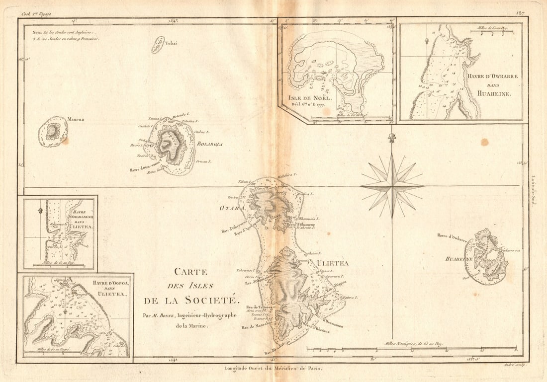 Isles de la Société. Society Islands. Huaheine Raiatea Polynesia. BONNE 1788 map: Title: Isles de la Société. Society Islands. Huaheine Raiatea Polynesia. BONNE 1788 map Description: [Cook 3e Voyage] Carte des Isles de la Société // Isle de Noël // Havre