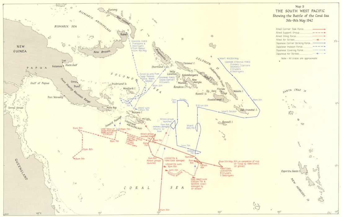 SOUTH WEST PACIFIC. Battle of the Coral Sea 5th-9th May 1942 1956 old map: Title: SOUTH WEST PACIFIC. Battle of the Coral Sea 5th-9th May 1942 1956 old map Description: Map 5. The South West Pacific showing the battle of the Coral Sea 5th-9th May 1942' by HMSO. Published 195