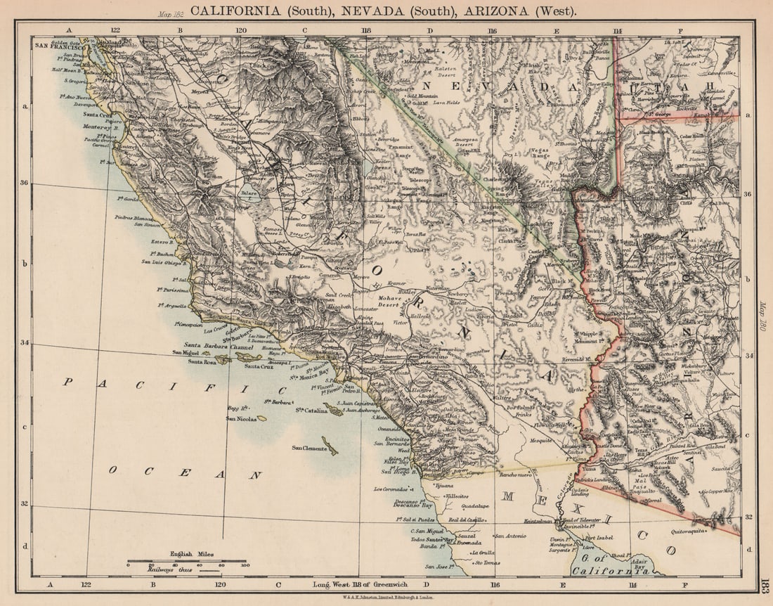 SOUTHERN CALIFORNIA. US Pacific. Nevada South, Arizona West. Railroads 1906 map: Title: SOUTHERN CALIFORNIA. US Pacific. Nevada South, Arizona West. Railroads 1906 map Description: California (South), Nevada (South), Arizona (West)'. W. & A.K. Johnston, Limited Edinburgh & London.