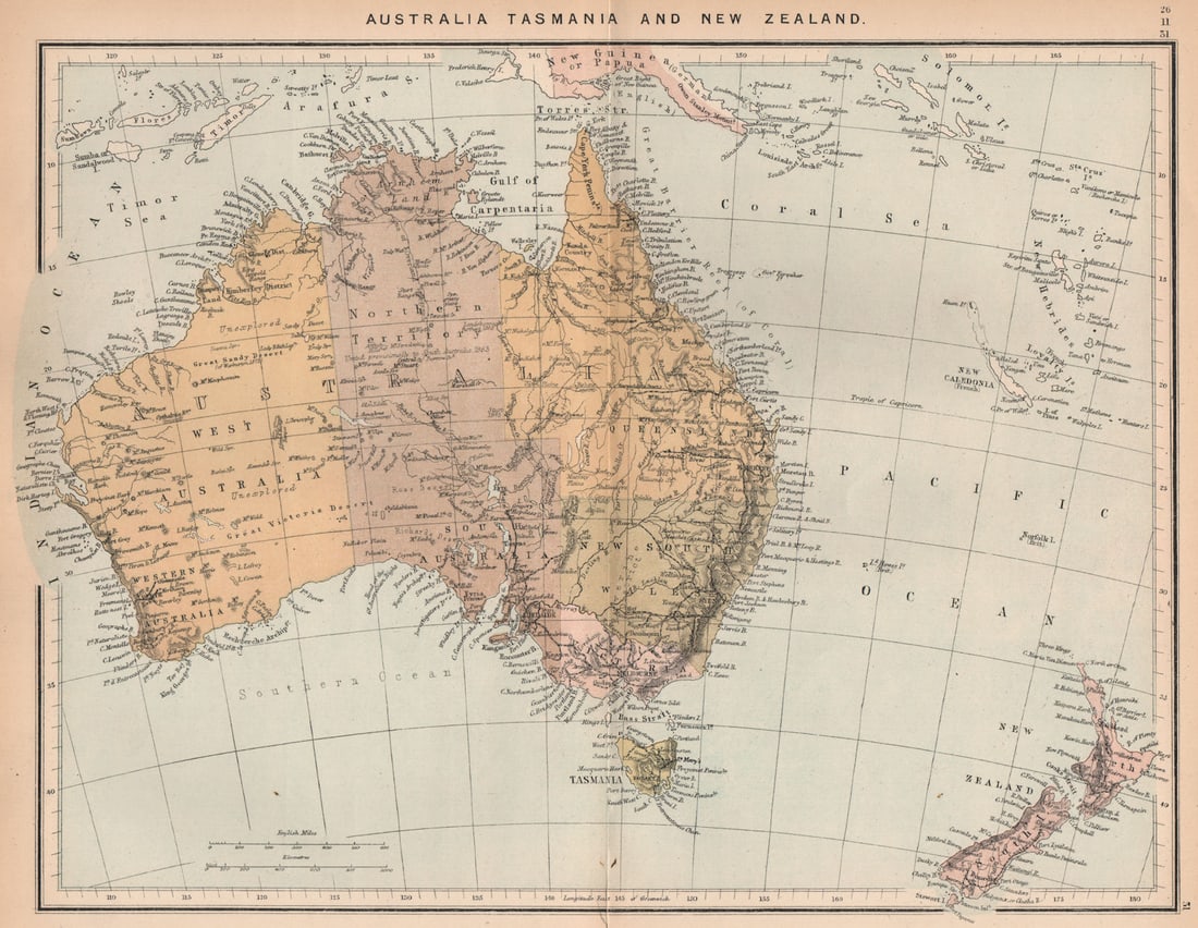 Australia Tasmania and New Zealand. Australasia 1885 old antique map chart: Title: Australia Tasmania and New Zealand. Australasia 1885 old antique map chart Description: Australia Tasmania and New Zealand'. Engraved for Élisée Reclus. Published 1885. Antique colour