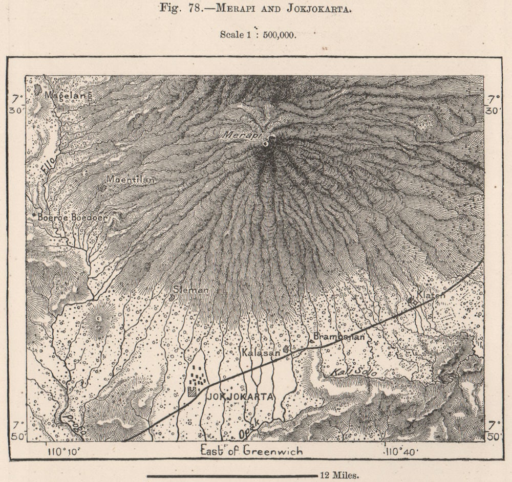 Mount Merapi and Yogyakarta, Java, Indonesia. East Indies 1885 old antique map: Title: Mount Merapi and Yogyakarta, Java, Indonesia. East Indies 1885 old antique map Description: Merapi and Jokjokarta'. Engraved for Élisée Reclus. Published 1885. Antique wood-engraved m