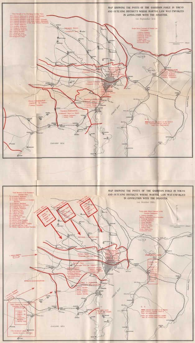GREAT KANTO EARTHQUAKE 1923. Areas subject to Martial Law. Japan Tokyo 1926 map: Title: GREAT KANTO EARTHQUAKE 1923. Areas subject to Martial Law. Japan Tokyo 1926 map Description: Map showing the posts of the Garrison force in Tokyo and outlying districts where Martial Law was en
