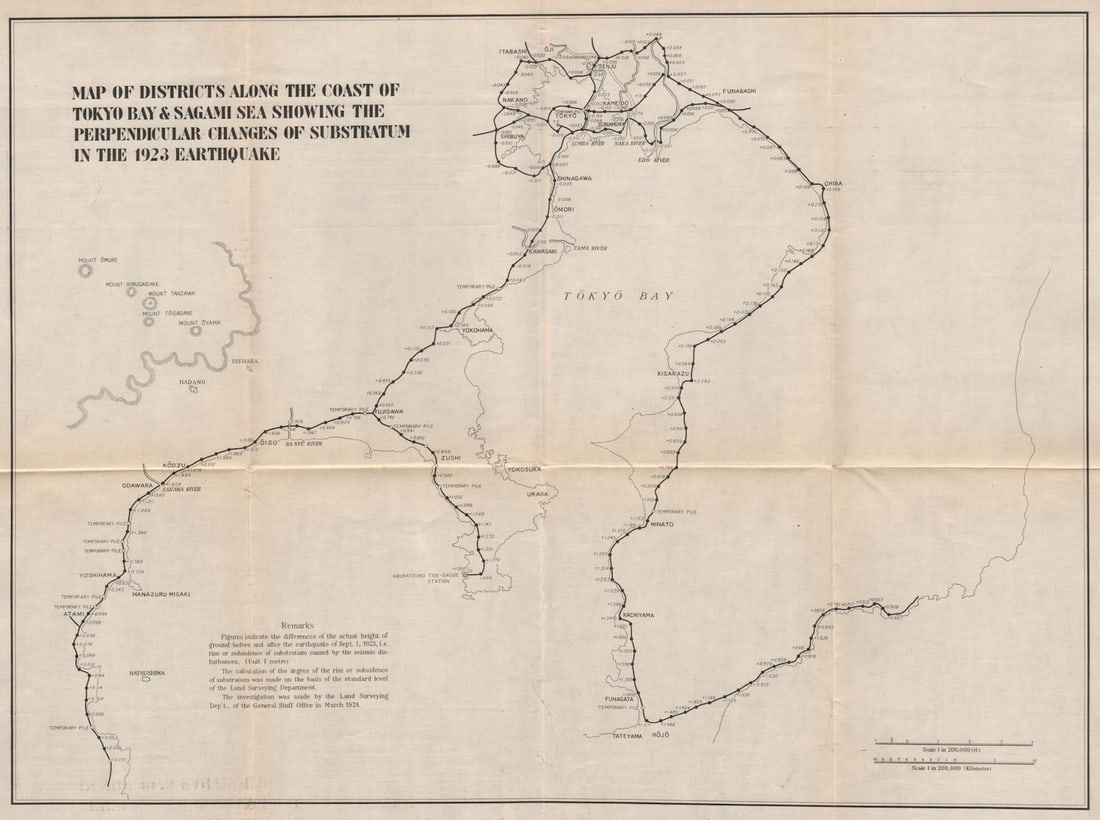 GREAT KANTO EARTHQUAKE 1923. Tokyo Bay. Perpendicular substratum change 1926 map: Title: GREAT KANTO EARTHQUAKE 1923. Tokyo Bay. Perpendicular substratum change 1926 map Description: Map of Districts along the Coast of Tokyo Bay & Sagami Sea showing the Perpendicular changes of