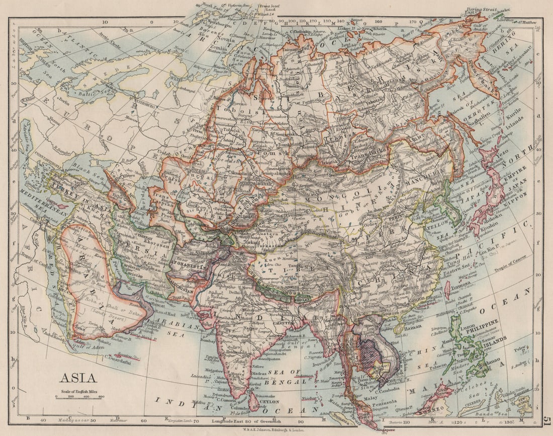 ASIA POLITICAL. Persia Siam Hejaz China Japan Corea Turkestan. JOHNSTON 1900 map: Title: ASIA POLITICAL. Persia Siam Hejaz China Japan Corea Turkestan. JOHNSTON 1900 map Description: Asia'. W. & A.K. Johnston, Limited, Edinburgh & London. Published 1900. Antique colour map. Size 21