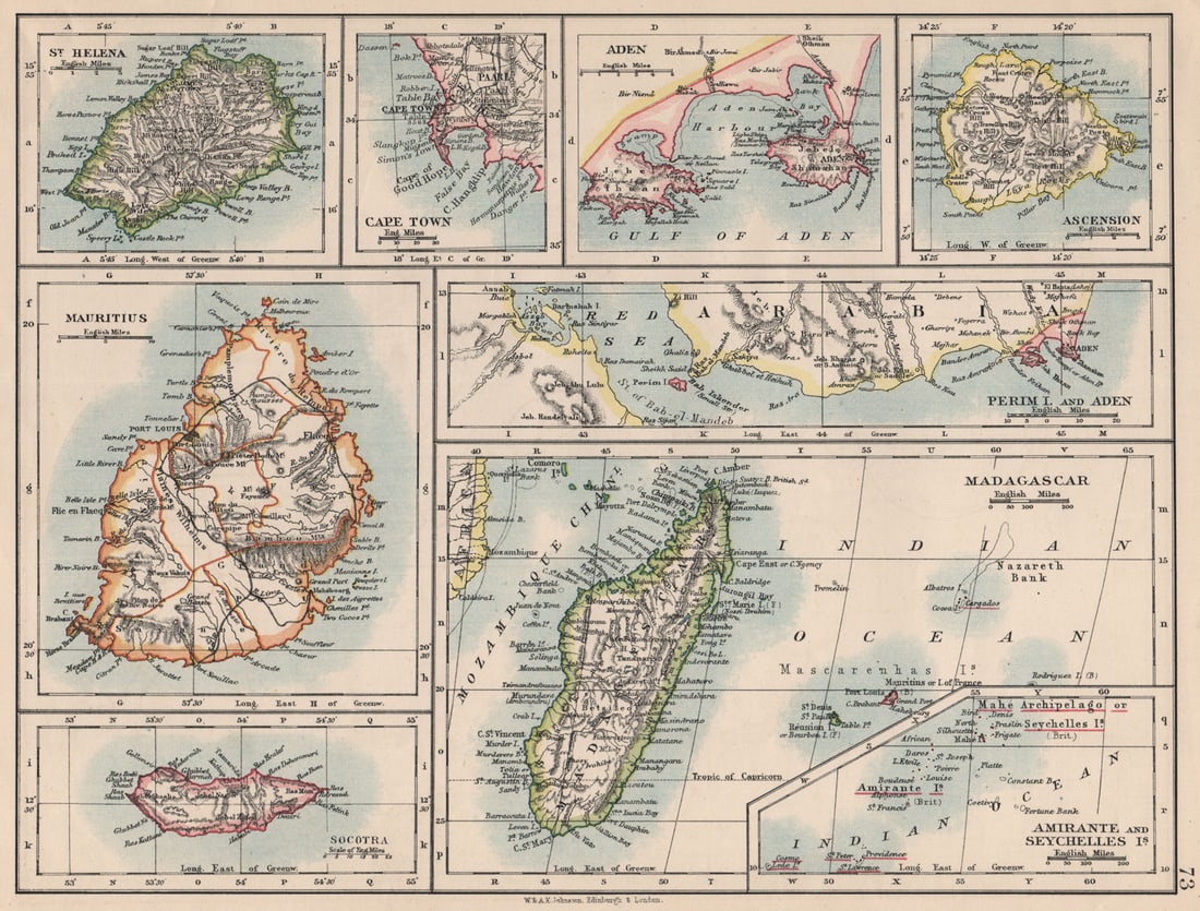 AFRICAN ISLANDS.Mauritius Madagascar Madeira Canaries St Helena 1895 old map: Title: AFRICAN ISLANDS.Mauritius Madagascar Madeira Canaries St Helena 1895 old map Description: St. Helena; Cape Town; Aden; Ascension; Mauritius; Perim I. and Aden; Socotra; Madagascar; Inset map of