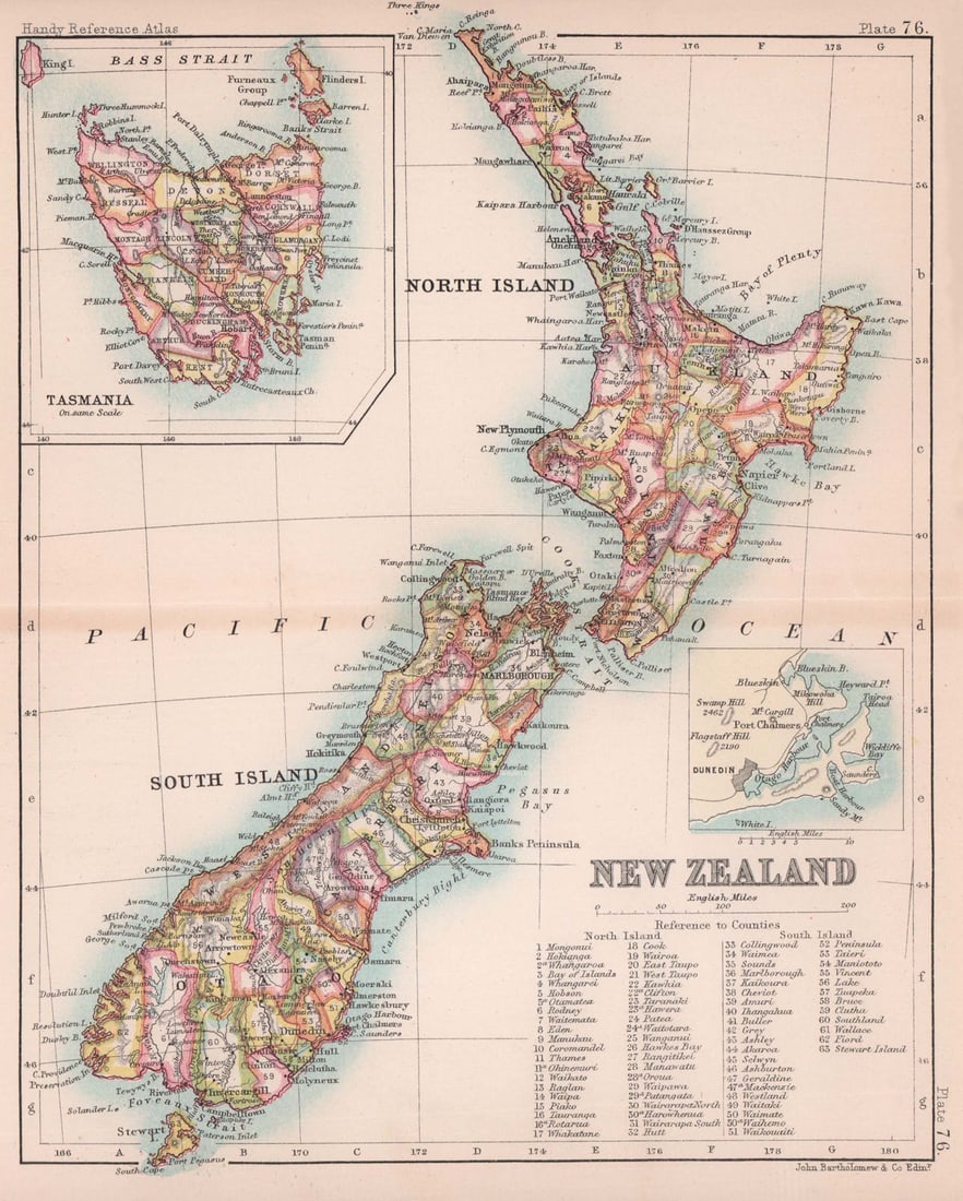 New Zealand & Tasmania. BARTHOLOMEW 1893 old antique vintage map plan chart: Title: New Zealand & Tasmania. BARTHOLOMEW 1893 old antique vintage map plan chart Description: New Zealand; Inset Map of Tasmania'. John Bartholomew & Co.. Published 1893. Antique colour atlas map. S