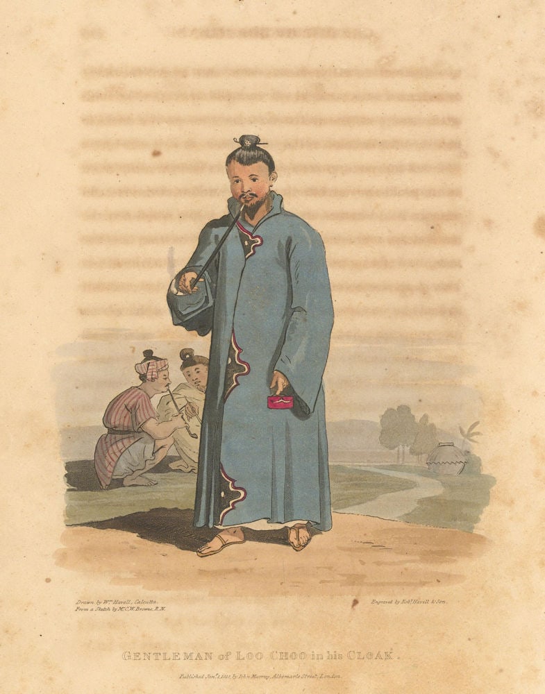 Gentleman of Loo Choo in his Cloak. Okinawa, Japan. HAVELL/BROWNE 1818 print: Title: Gentleman of Loo Choo in his Cloak. Okinawa, Japan. HAVELL/BROWNE 1818 print Description: Gentleman of Loo Choo in his Cloak'. Drawn by Wm. Havell, Calcutta, from a sketch by Mr. C. W. Browne,