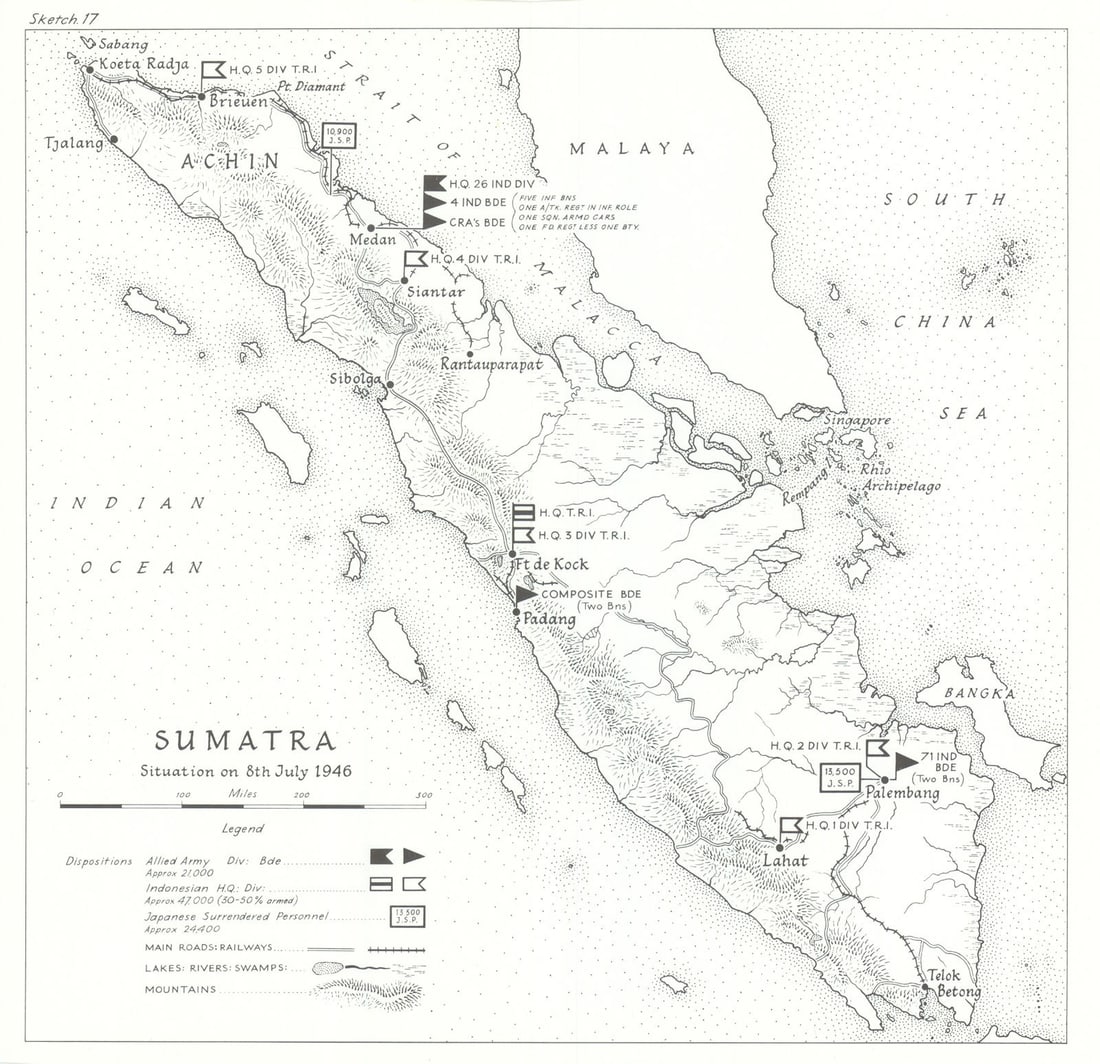 Sumatra July 1946. Indonesian National Revolution. Surrendered Japanese 1969 map: Title: Sumatra July 1946. Indonesian National Revolution. Surrendered Japanese 1969 map Description: Sumatra (Situation on 8th July 1946)' by HMSO. Published 1969. Vintage military history map. Size 2