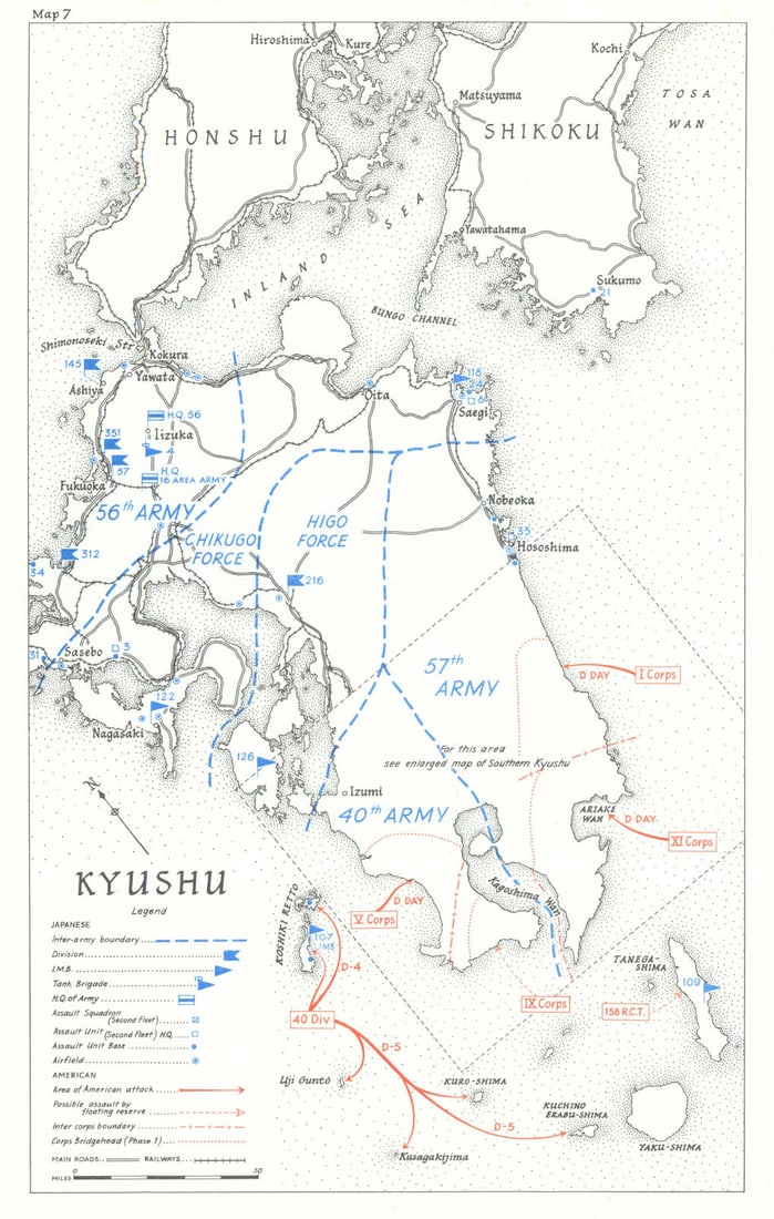 Operation Olympic. Planned US invasion of kyushu, Japan 1945. WW2 1969 old map: Title: Operation Olympic. Planned US invasion of kyushu, Japan 1945. WW2 1969 old map Description: Kyushu' by HMSO. Published 1969. Vintage colour military history map. Size 24 x 15 cm | 9.5 x 6.0 inc