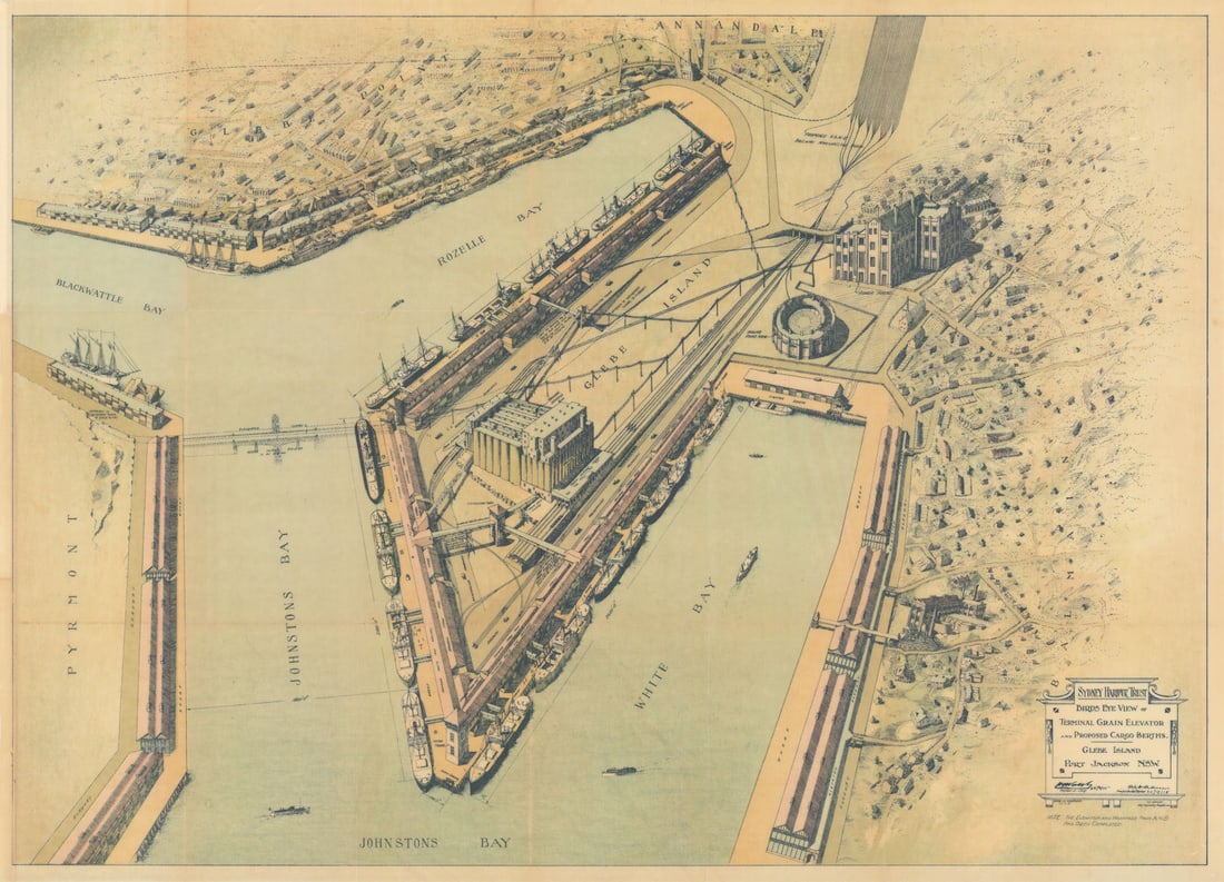 Bird's Eye View Glebe Island Port Jackson Balmain Sydney Harbour 1915 (1924) map: Title: Bird's Eye View Glebe Island Port Jackson Balmain Sydney Harbour 1915 (1924) map Description: Sydney Harbour Trust - Bird's Eye View of Terminal Grain Elevator and Proposed Cargo Berths - Glebe