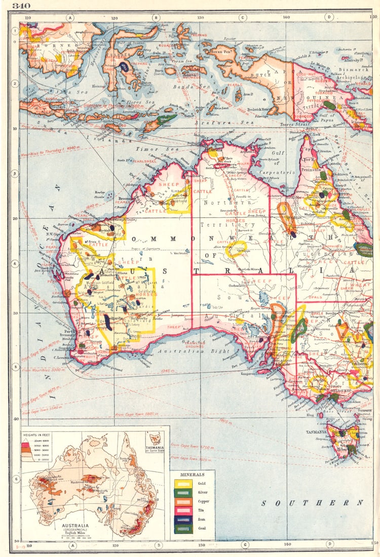 AUSTRALIA MINERALS & MINING.Goldfields Coal Copper Tin.Farm products 1920 map (1 of 1)