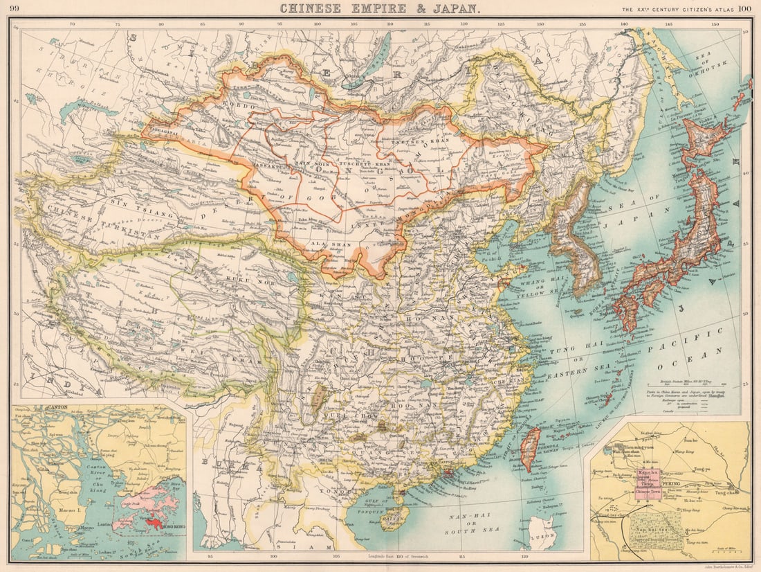 EAST ASIA. China Chinese Turkistan Tibet Korea Japan. HK Peking Beijing 1901 map: Title: EAST ASIA. China Chinese Turkistan Tibet Korea Japan. HK Peking Beijing 1901 map Description: Chinese Empire & Japan; Inset maps of Canton; Peking' by Bartholomew, John. Published 1901. Ant