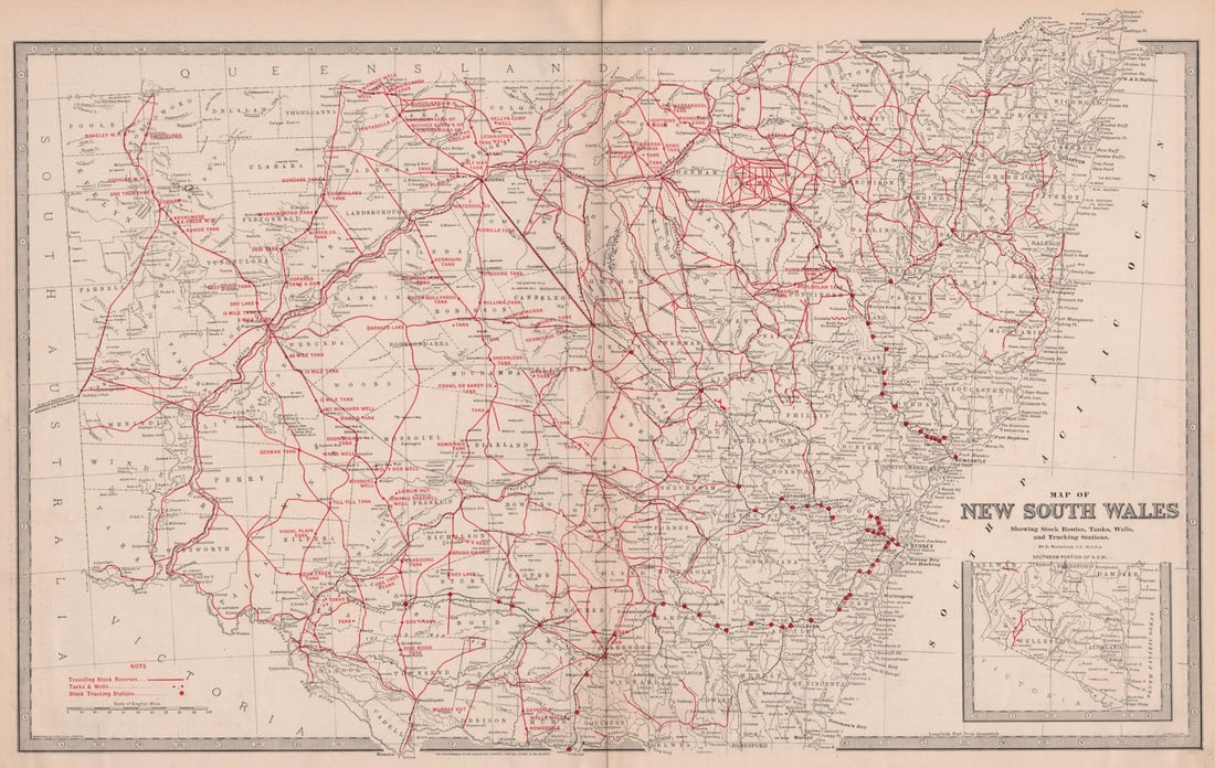 NEW SOUTH WALES. Stock Routes Tanks Wells Trucking Stations. MACDONALD 1888 map (1 of 1)