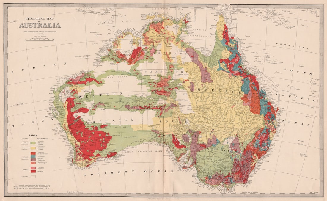 Large 'GEOLOGICAL MAP OF AUSTRALIA' by WILKINSON for GARRAN 1888 old: Title: Large 'GEOLOGICAL MAP OF AUSTRALIA' by WILKINSON for GARRAN 1888 old Description: Geological Map of Australia'. Compiled from Geological Map [sic] published by the Mining Department, Melbourne,