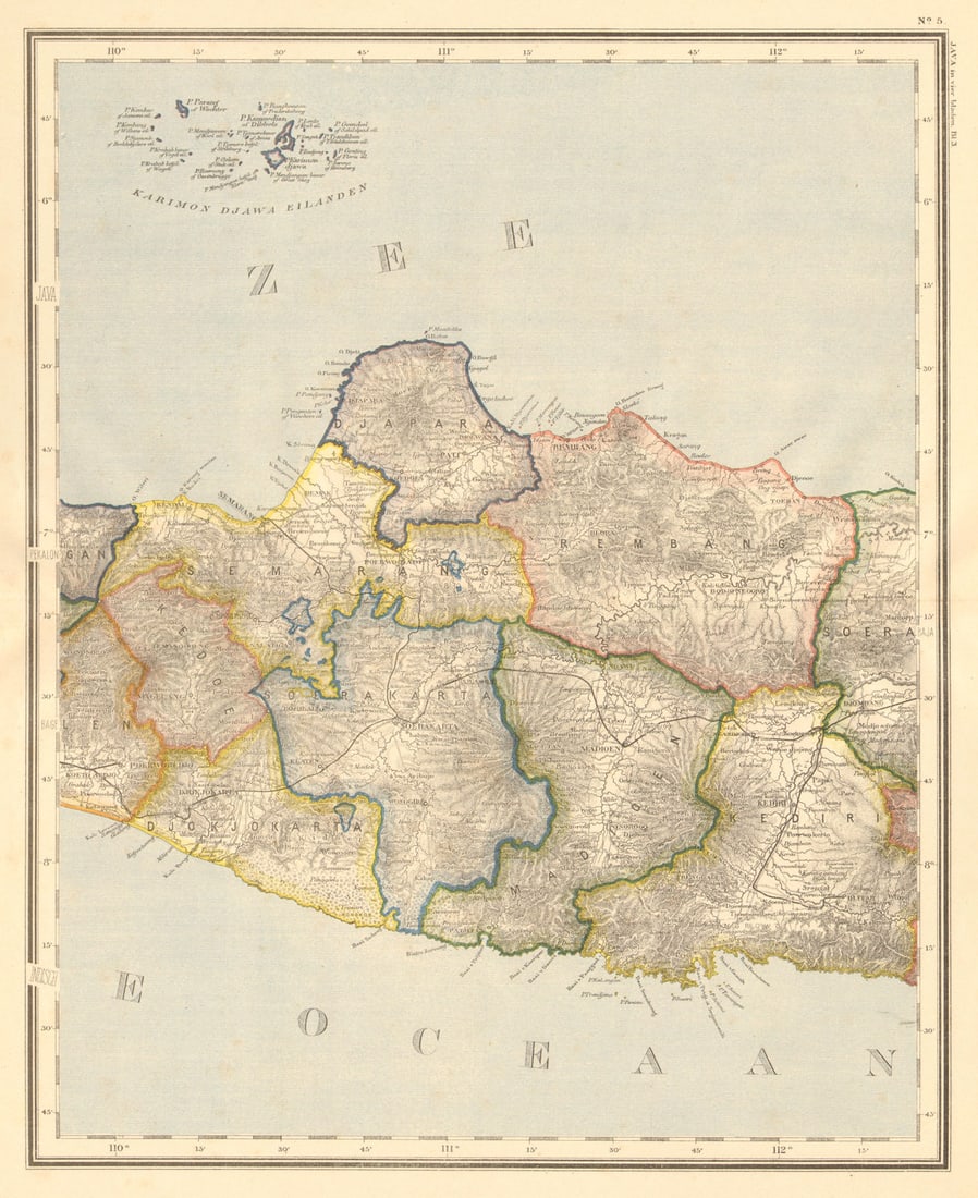 DUTCH EAST INDIES. Indonesia. JAVA. Yogyakarta Semarang. DORNSEIFFEN 1892 map: Title: DUTCH EAST INDIES. Indonesia. JAVA. Yogyakarta Semarang. DORNSEIFFEN 1892 map Description: Java in vier bladen Bl 3;' (Central Java. Yogyakarta. Semarang). Dr. I. Dornseiffen. Published 1892. A